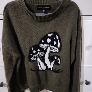 Almost Famous Green and Black Crew Neck Sweater with Mushroom Design